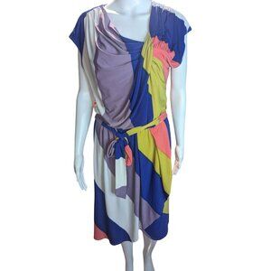 maxandcleo Retro Faux Wrap Striped Dress Ruching Detailing Modest Stretchy sz M